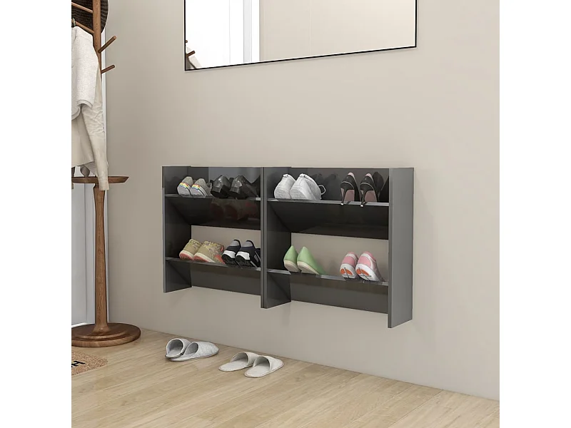 Wandschoenenkasten 2 st 60x18x60 cm hout hoogglans grijs BE820673