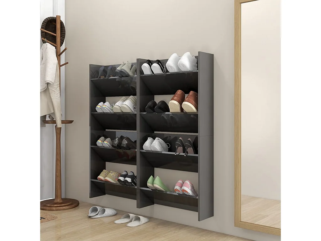Wandschoenenkasten 4 st 60x18x60 cm hout hoogglans grijs BE540625