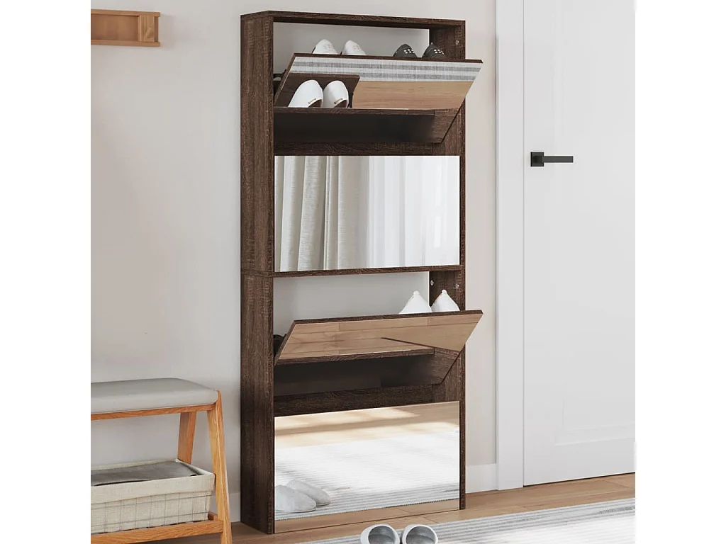 Meuble à chaussures miroir 4 niveaux chêne marron 63x17x134 cm FR74631