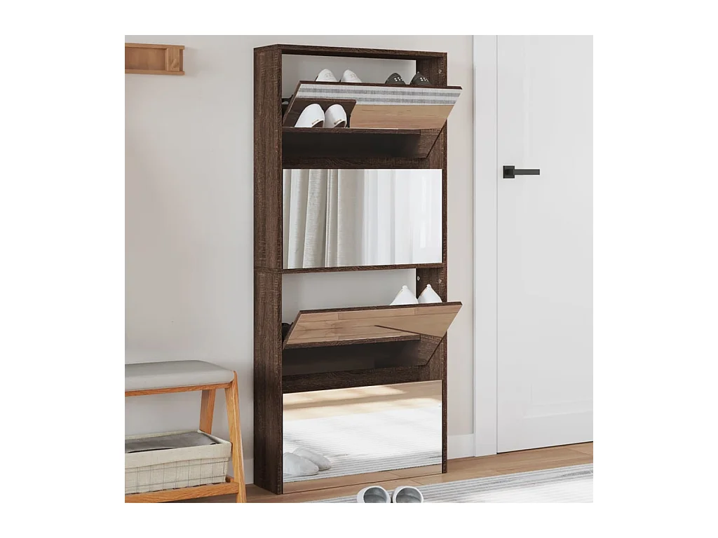 Meuble à chaussures miroir 4 niveaux chêne marron 63x17x134 cm FR74631