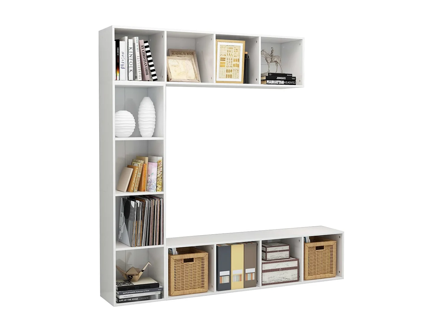 Mueble de TV y librería 3 piezas blanco brillo 180x30x180 cm ES237179