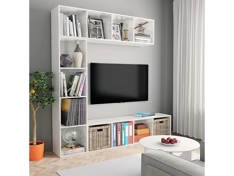 Mueble de TV y librería 3 piezas blanco brillo 180x30x180 cm ES237179