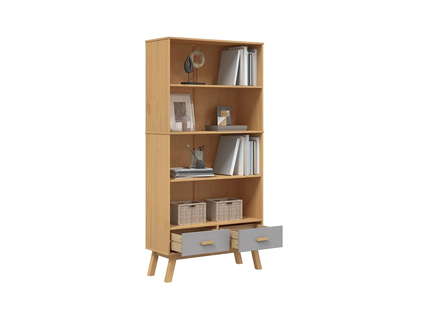 Bibliothèque à 4 niveaux OLDEN gris marron bois de pin massif FR87583