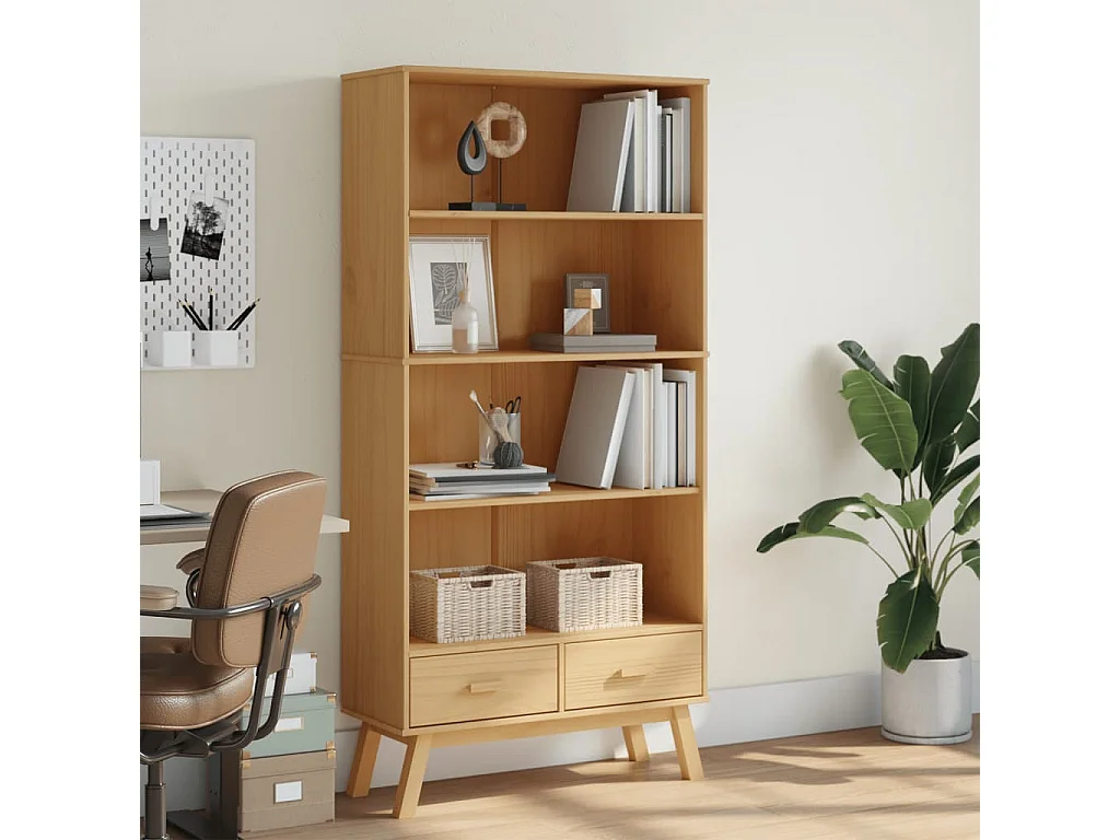 Bibliothèque à 4 niveaux OLDEN marron bois de pin massif FR41833