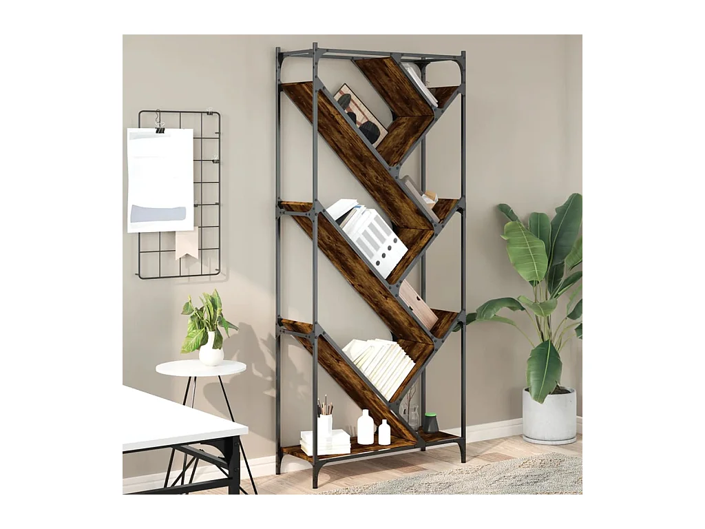 Bibliothèque chêne fumé 79x30x180 cm bois d'ingénierie et métal FR13073
