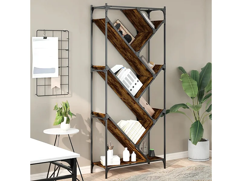 Bibliothèque chêne fumé 79x30x180 cm bois d'ingénierie et métal FR13073