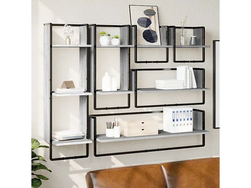 6-delige Wandschappenset met stangen bewerkt hout grijs sonoma BE539514