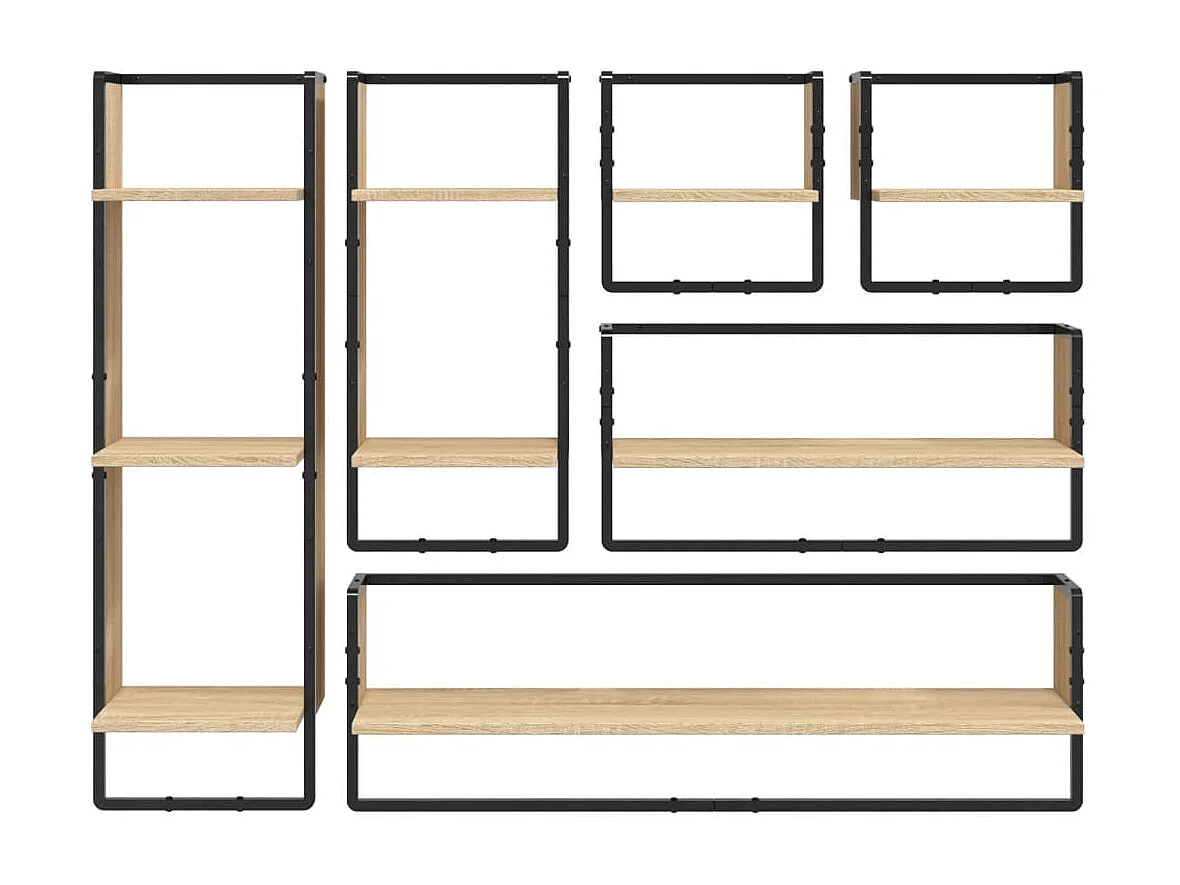 6-delige Wandschappenset met stangen bewerkt hout sonoma eiken BE921647