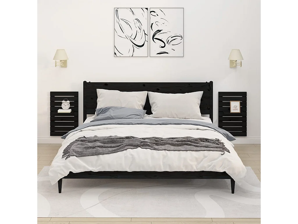 Lot de 2 Étagères de chevet murales Noir Bois de pin massif FR59044