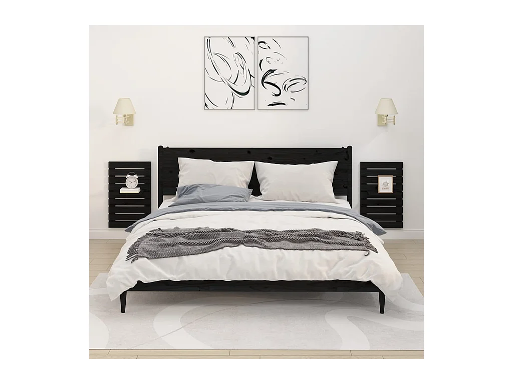 Lot de 2 Étagères de chevet murales Noir Bois de pin massif FR59044