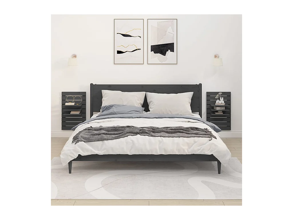 Lot de 2 Étagères de chevet murales Gris Bois de pin massif FR55390