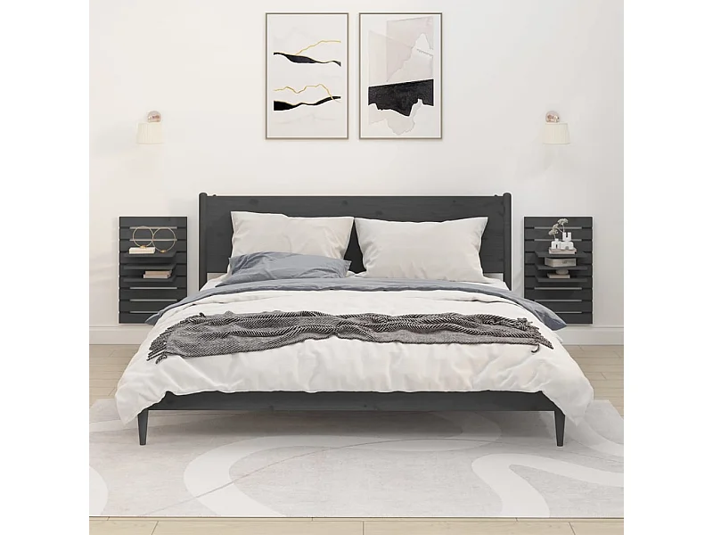 Lot de 2 Étagères de chevet murales Gris Bois de pin massif FR55390