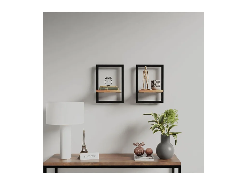 Lot de 2 Étagères murales 25x25x35 cm Bois d'acacia et acier FR83158