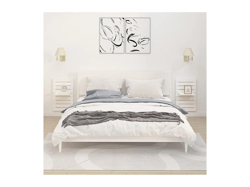 Lot de 2 Étagères de chevet murales Blanc Bois de pin massif FR87803