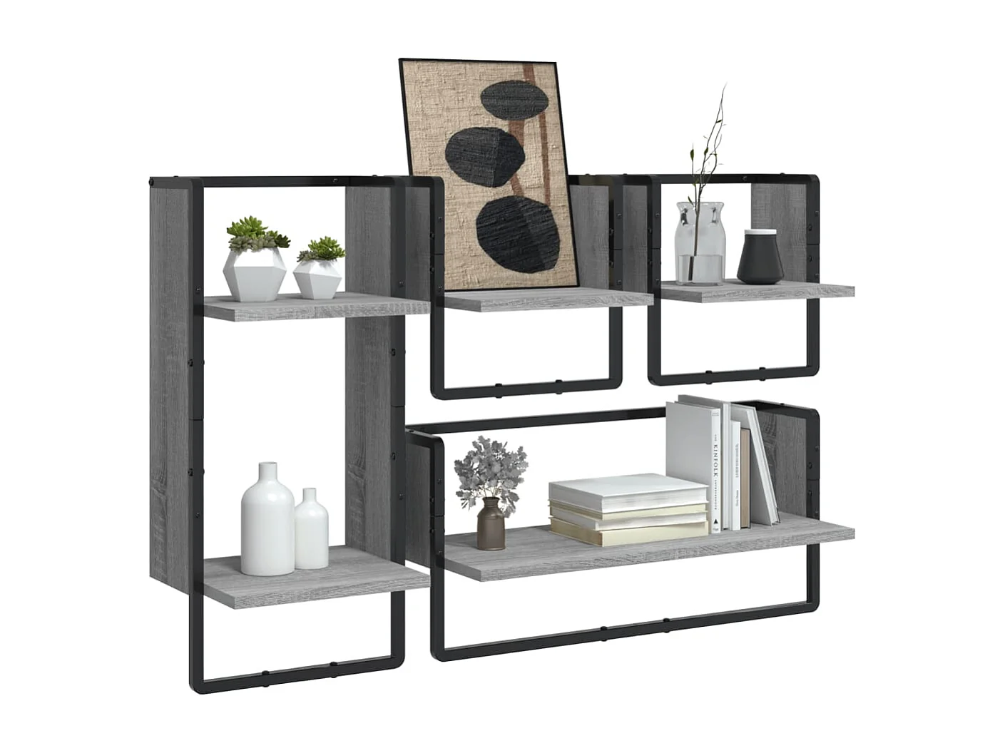 4-delige Wandschappenset met stangen bewerkt hout grijs sonoma BE833033