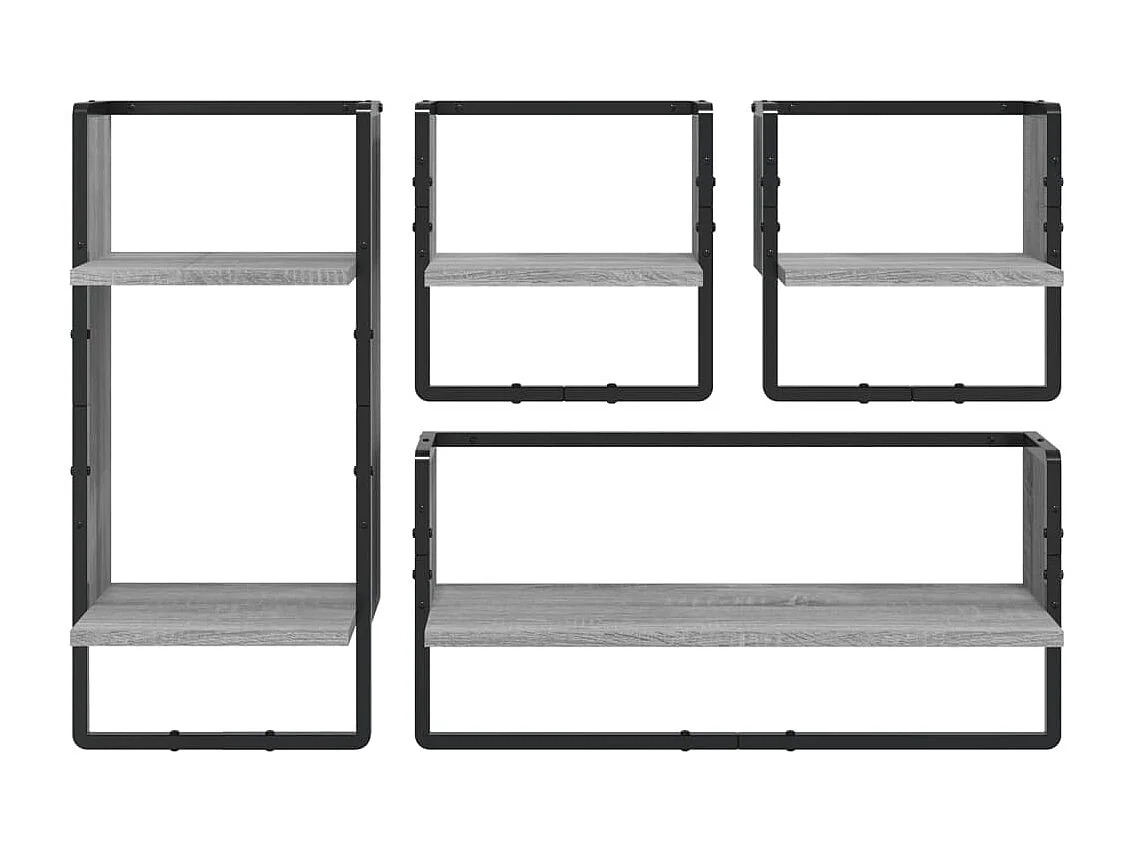 4-delige Wandschappenset met stangen bewerkt hout grijs sonoma BE833033