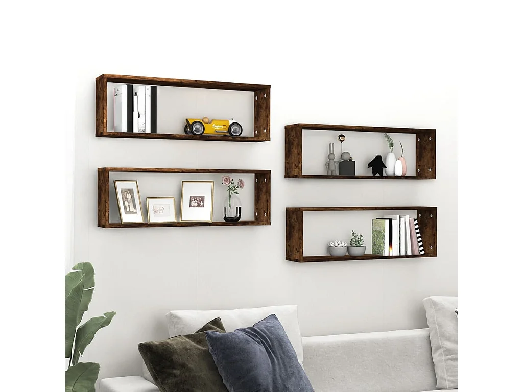 Lot de 4 Étagères murales cubiques Chêne fumé 80x15x26,5 cm FR28666