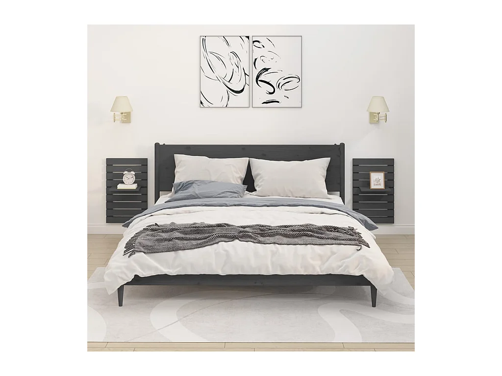 Lot de 2 Étagères de chevet murales Gris Bois de pin massif FR73002