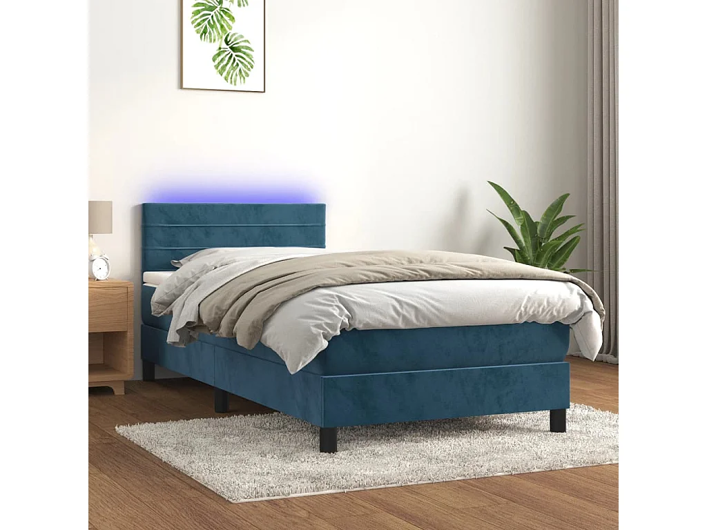 Conjunto Boxspring - 100x200 cm colchón y LED terciopelo azul oscuro ES412818