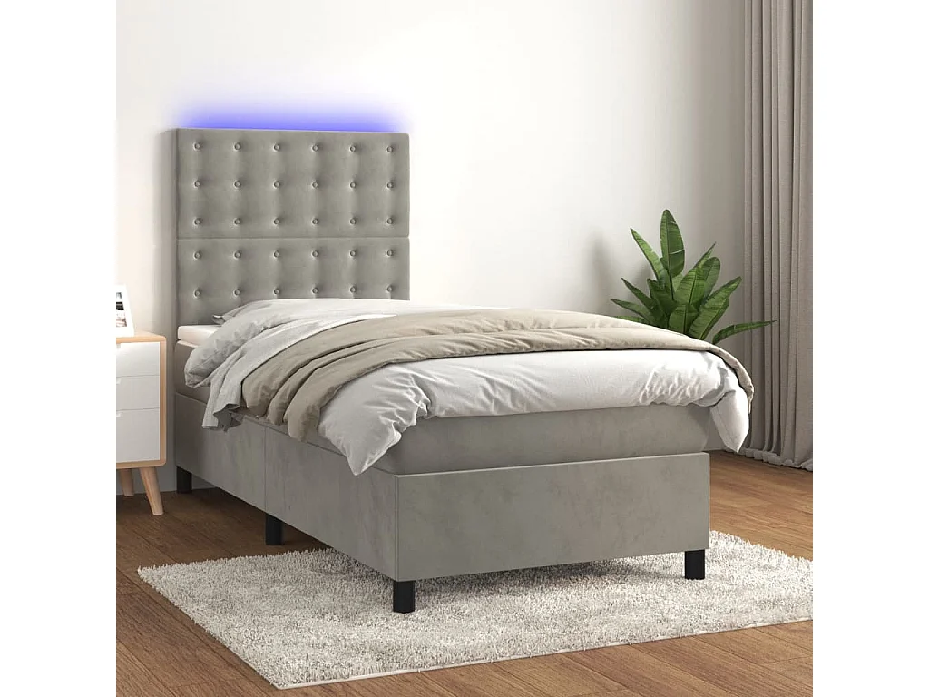 Conjunto Boxspring - 90x200 cm colchón y LED terciopelo gris claro ES395902