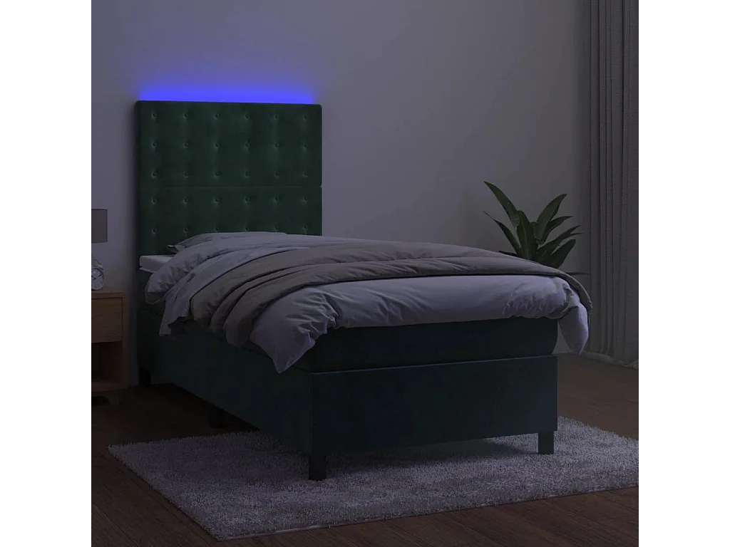 Cama continental c/ colchão/LED 90x190 cm veludo verde-escuro PT685175