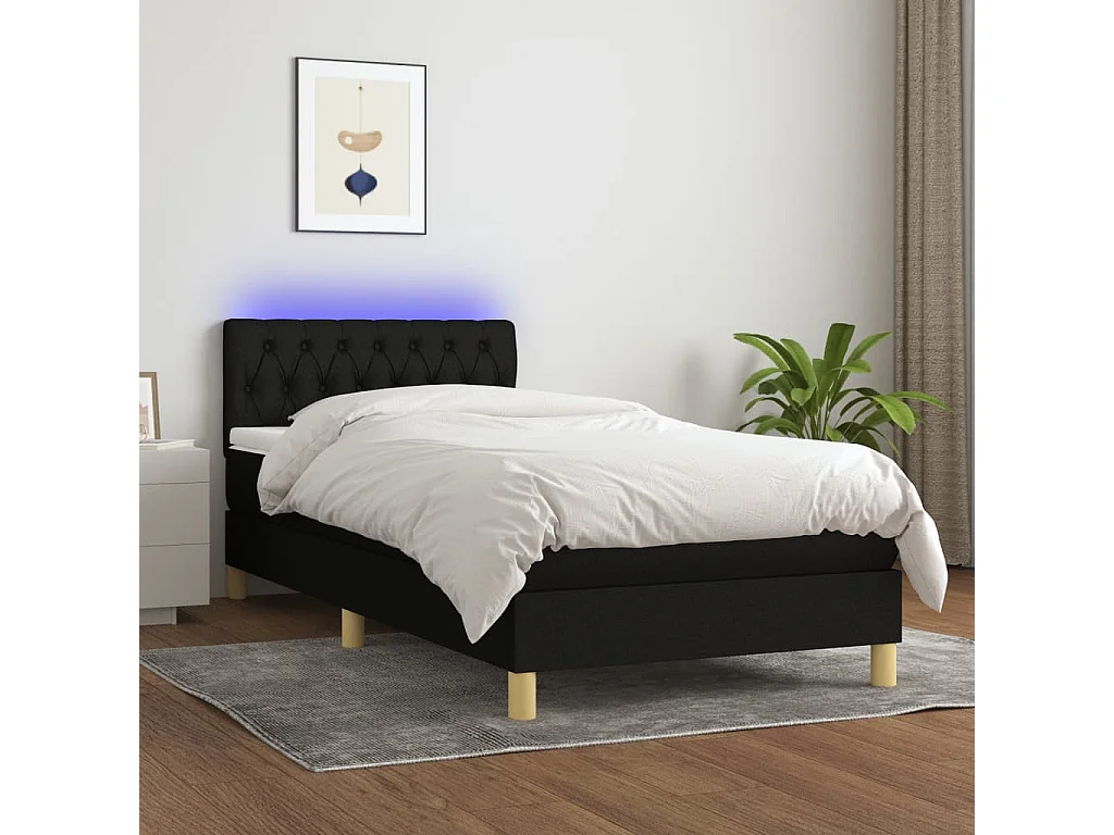 Cama continental c/ colchão e LED 100x200 cm tecido preto PT676592
