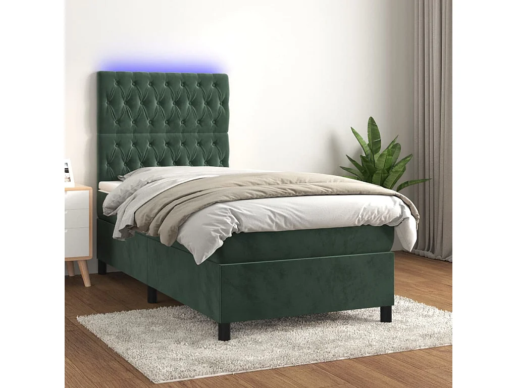 Cama continental c/ colchão/LED 90x190 cm veludo verde-escuro PT298160
