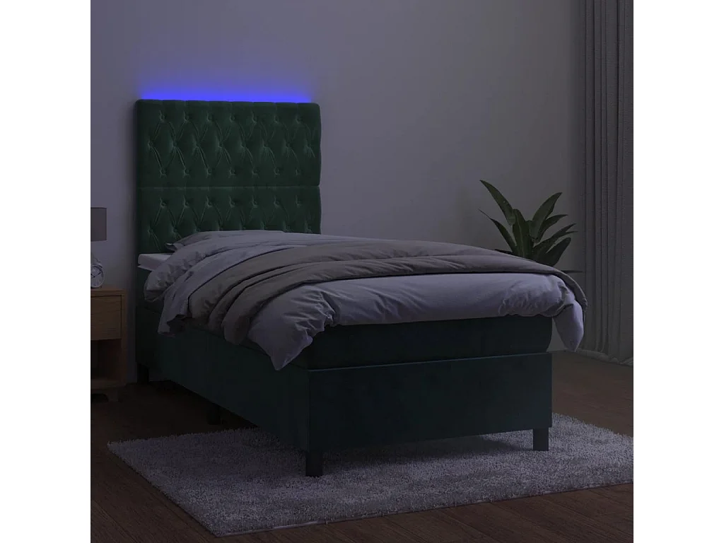 Cama continental c/ colchão/LED 90x190 cm veludo verde-escuro PT298160