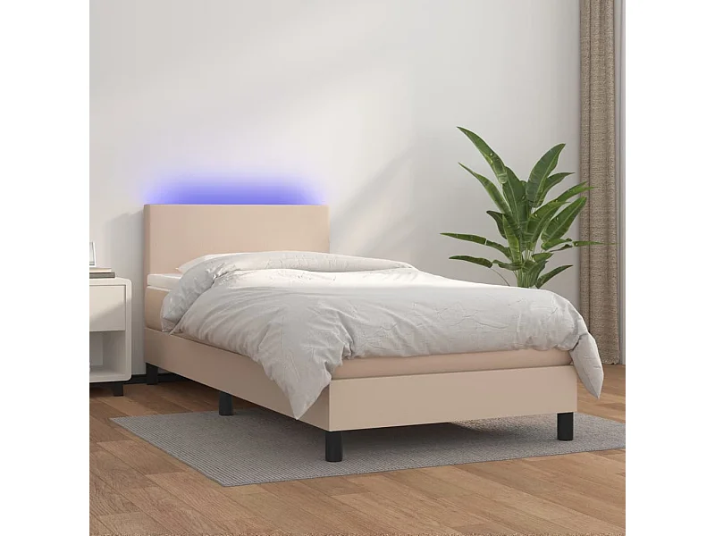 Cama continental c/ colchão/LED 90x190cm couro artif. cappuccino PT552165
