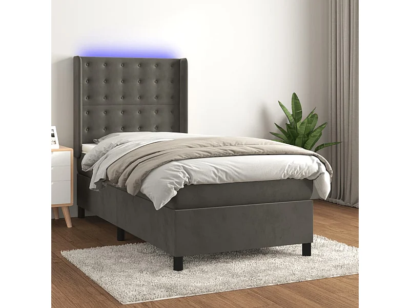 Conjunto Boxspring - 90x190 cm colchón y LED terciopelo gris oscuro ES833811