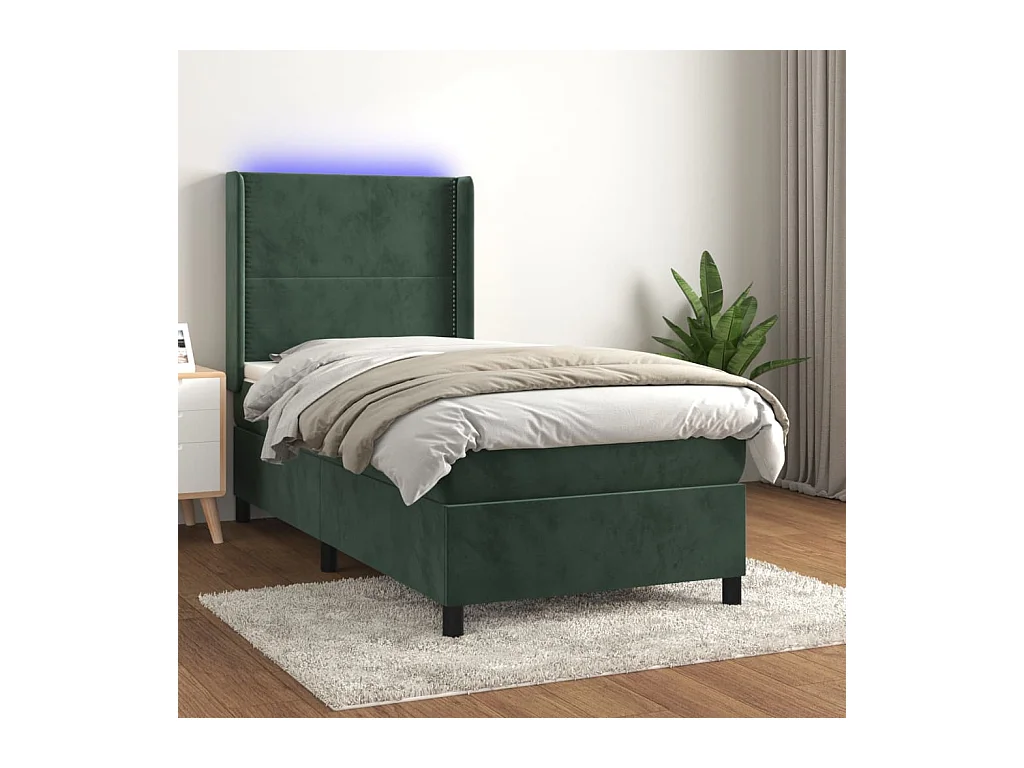 Conjunto Boxspring - 90x200 cm colchón y LED terciopelo verde oscuro ES625886