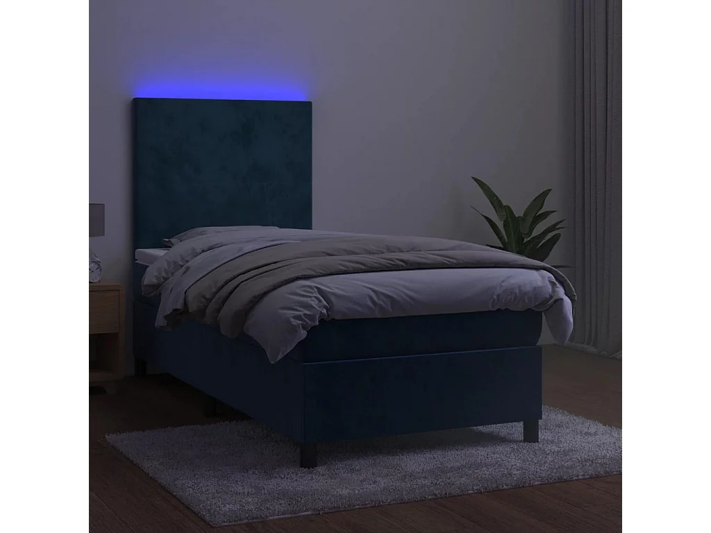 Cama continental c/ colchão/LED 90x200 cm veludo azul-escuro PT803038