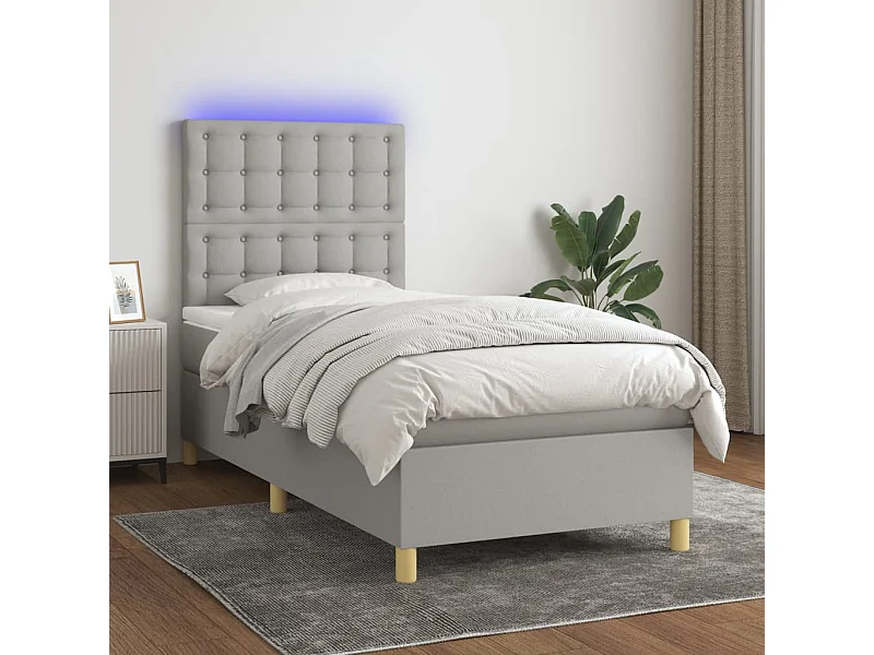 Conjunto Boxspring - 90x190 cm colchón y luces LED tela gris claro ES428773