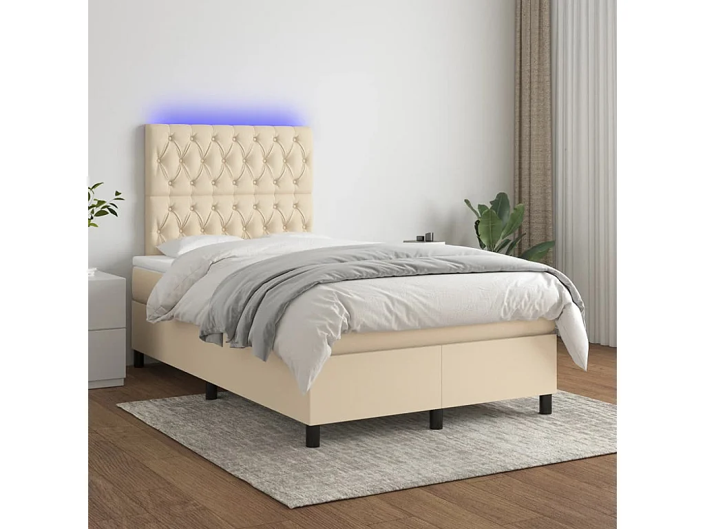 Conjunto Boxspring - 120x190 cm + colchón y luces LED tela crema ES266122