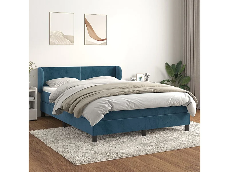 Cama continental com molas+ colchão 140x190 cm veludo azul-escuro PT221164