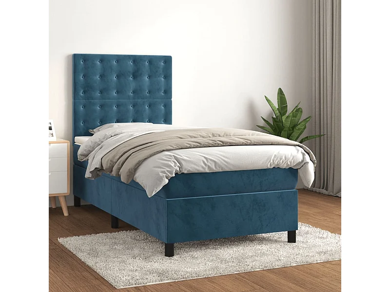 Cama continental com molas+ colchão 100x200 cm veludo azul-escuro PT710970