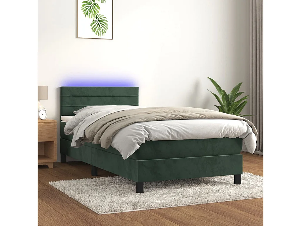 Cama continental c/ colchão/LED 100x200 cm veludo verde-escuro PT912875