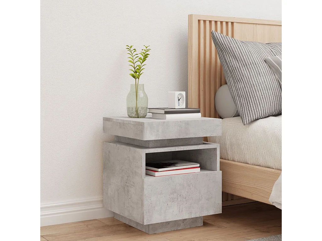 Table de chevet avec lumières LED gris béton 40x39x48,5 cm FR37429