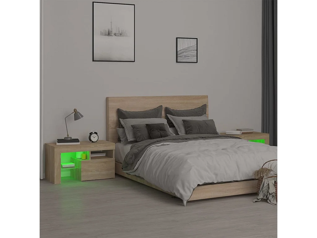 Lot de 2 Tables de chevet lumières LED Chêne sonoma 70x36,5x40 cm FR33474