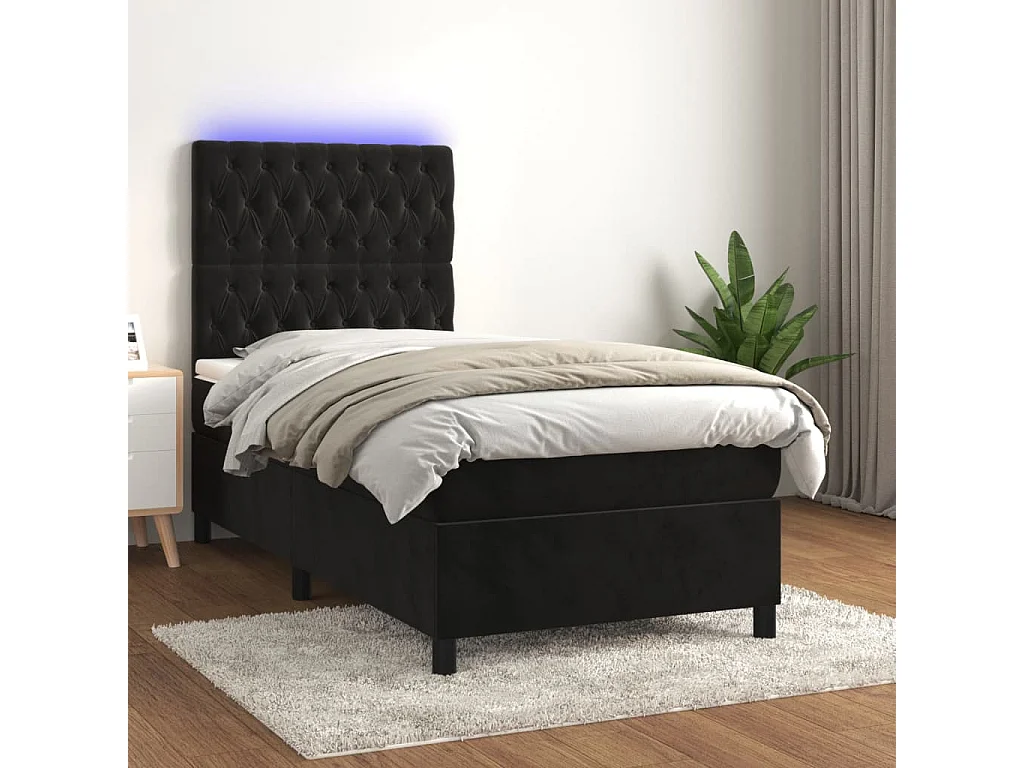 Cama continental c/ colchão/LED 90x200 cm veludo preto PT541634