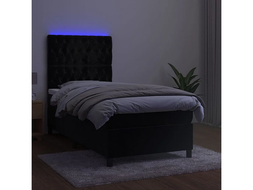 Cama continental c/ colchão/LED 90x200 cm veludo preto PT541634