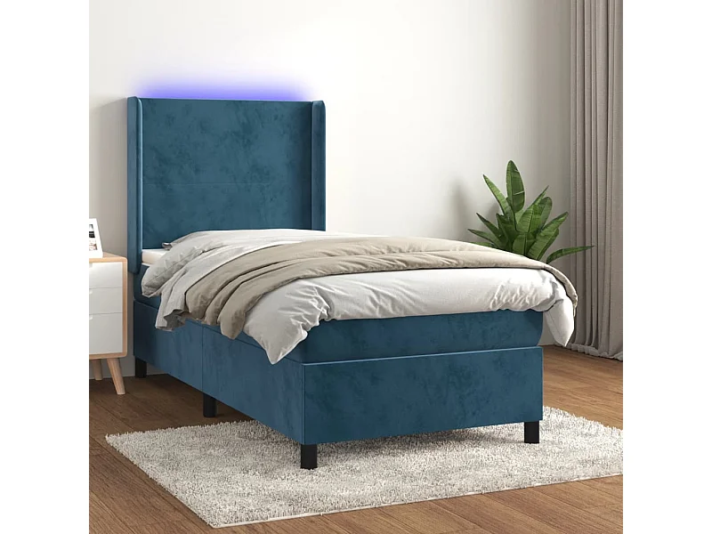 Cama continental c/ colchão/LED 90x190 cm veludo azul-escuro PT902265