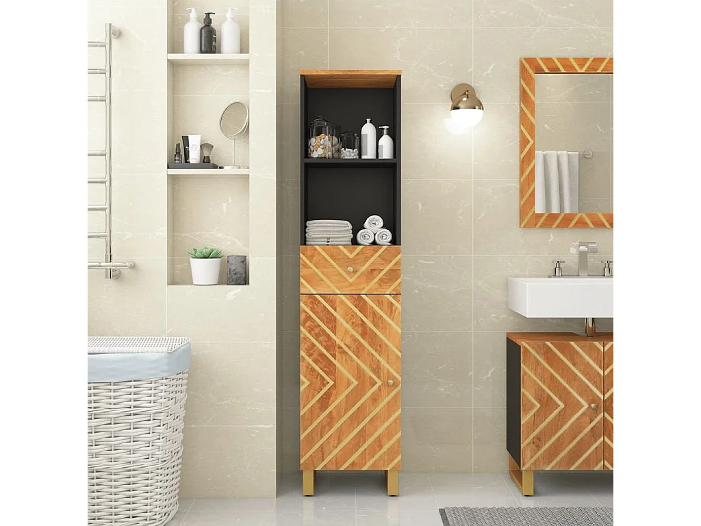 Mueble de baño madera maciza mango marrón negro 38x33,5x160 cm ES385043