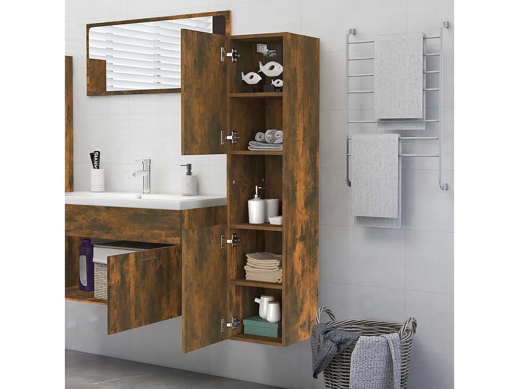 Armoire de bain Chêne fumé 30x30x130 cm Bois d'ingénierie FR43770
