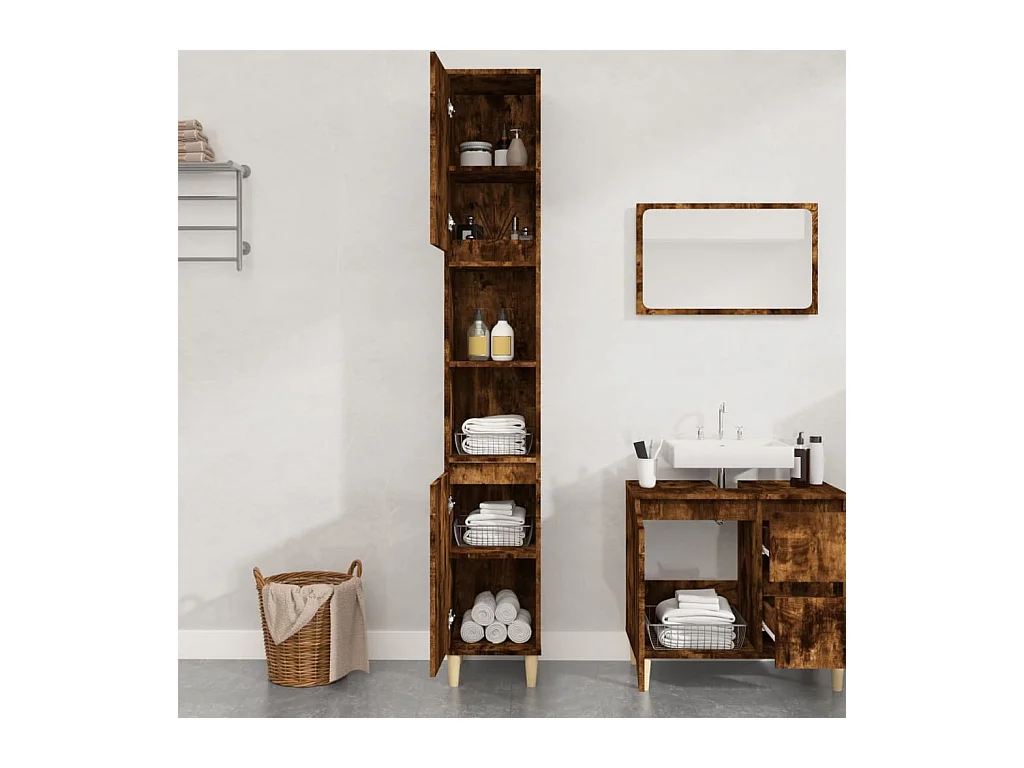 Armoire de bain chêne fumé 30x30x190 cm bois d'ingénierie FR84187