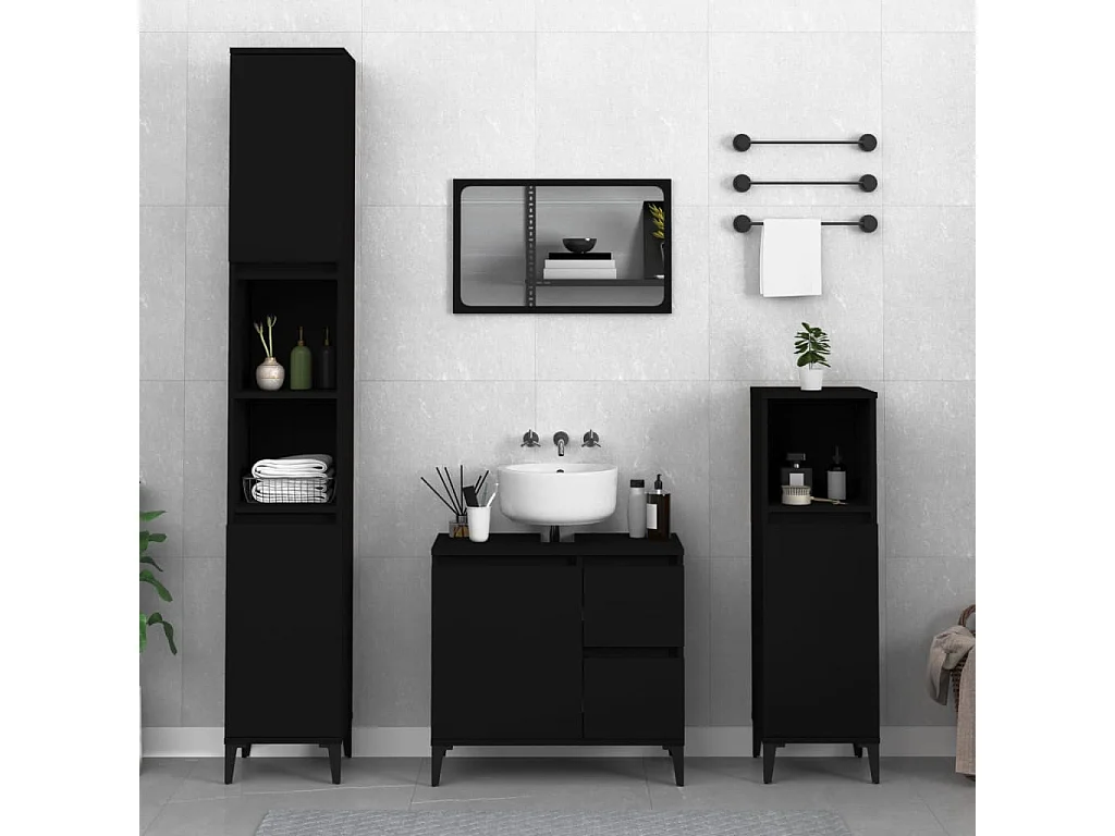 Armoire de salle de bain noir 30x30x190 cm bois d'ingénierie FR57308