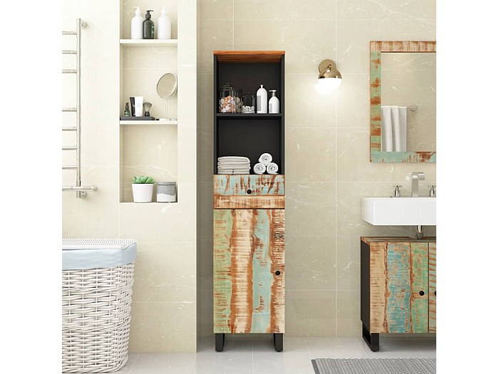 Mueble De Baño Con Espejo De Madera Reciclada - Armario De Almacenaje Con 2 Estantes, 60x30x60 Cm, Estilo Rústico