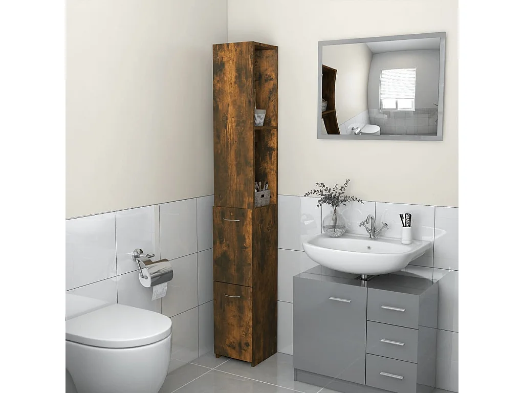 Armoire de bain chêne fumé 25x26,5x170 cm bois d'ingénierie FR98141