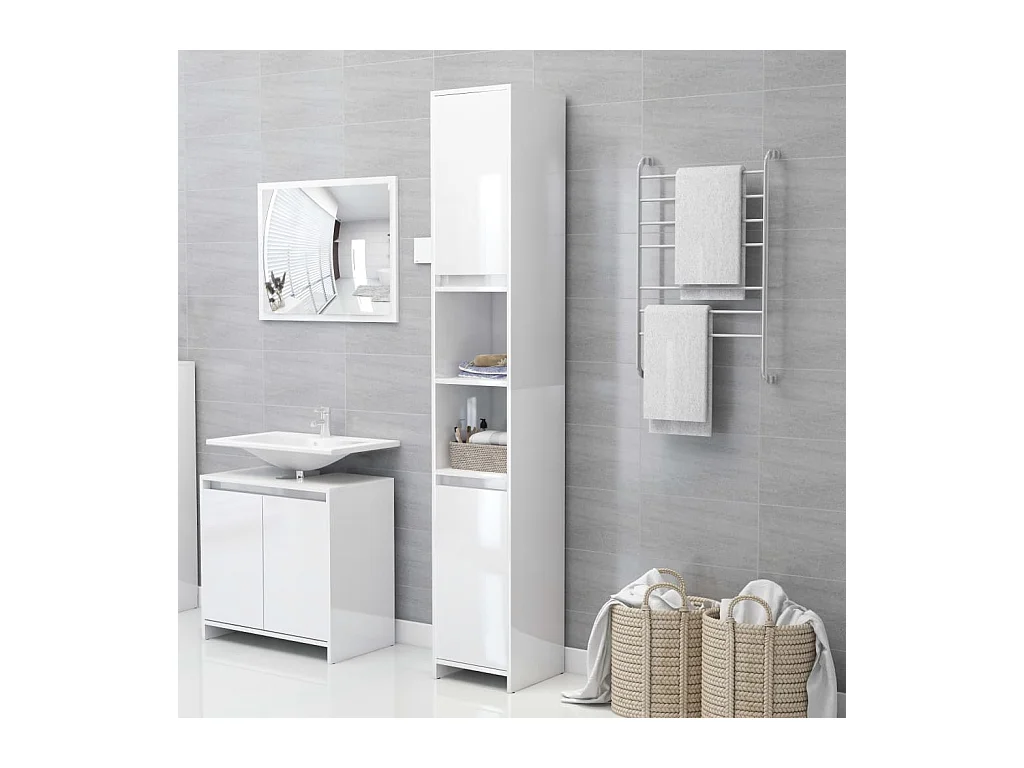 Armoire de salle de bain Blanc brillant 30x30x183,5cm Aggloméré FR81277