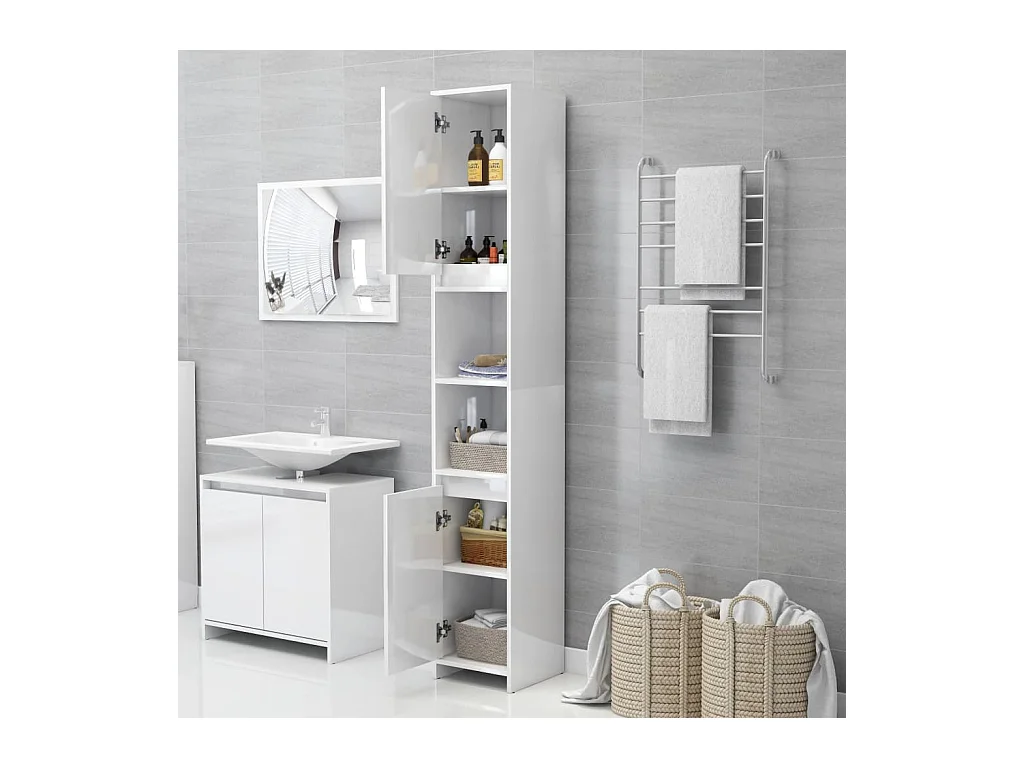 Armoire de salle de bain Blanc brillant 30x30x183,5cm Aggloméré FR81277
